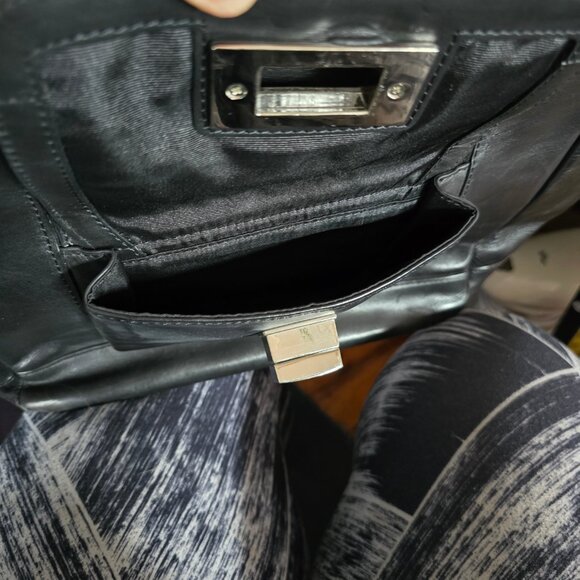 BEBE Black Genuine Leather Tote Bag W Silver Hardware Magnetic Closure - Picture 5 of 12